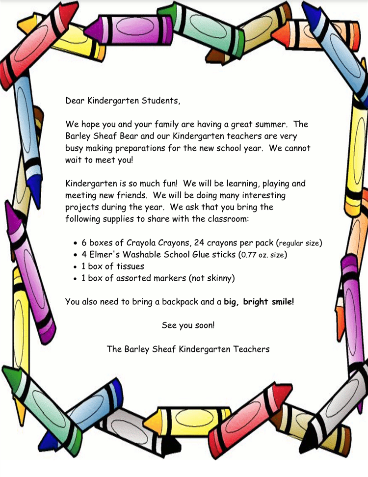 Kindergarten Supply List 2024-2025